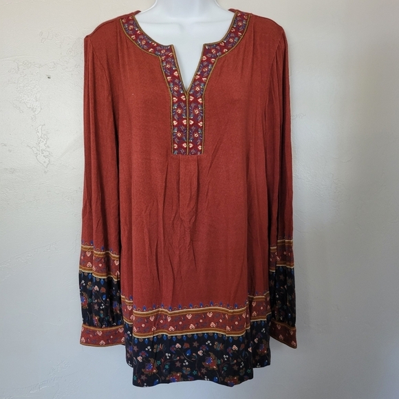 Soft Surroundings Women's Large Rust Orange Red Long Sleeve Blouse Boho Floral - Picture 1 of 8